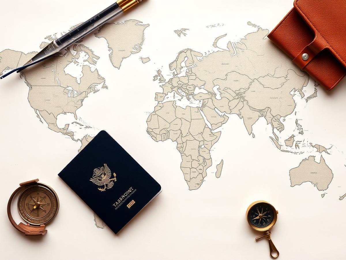 World map with passport and compass representing an international teaching roadmap