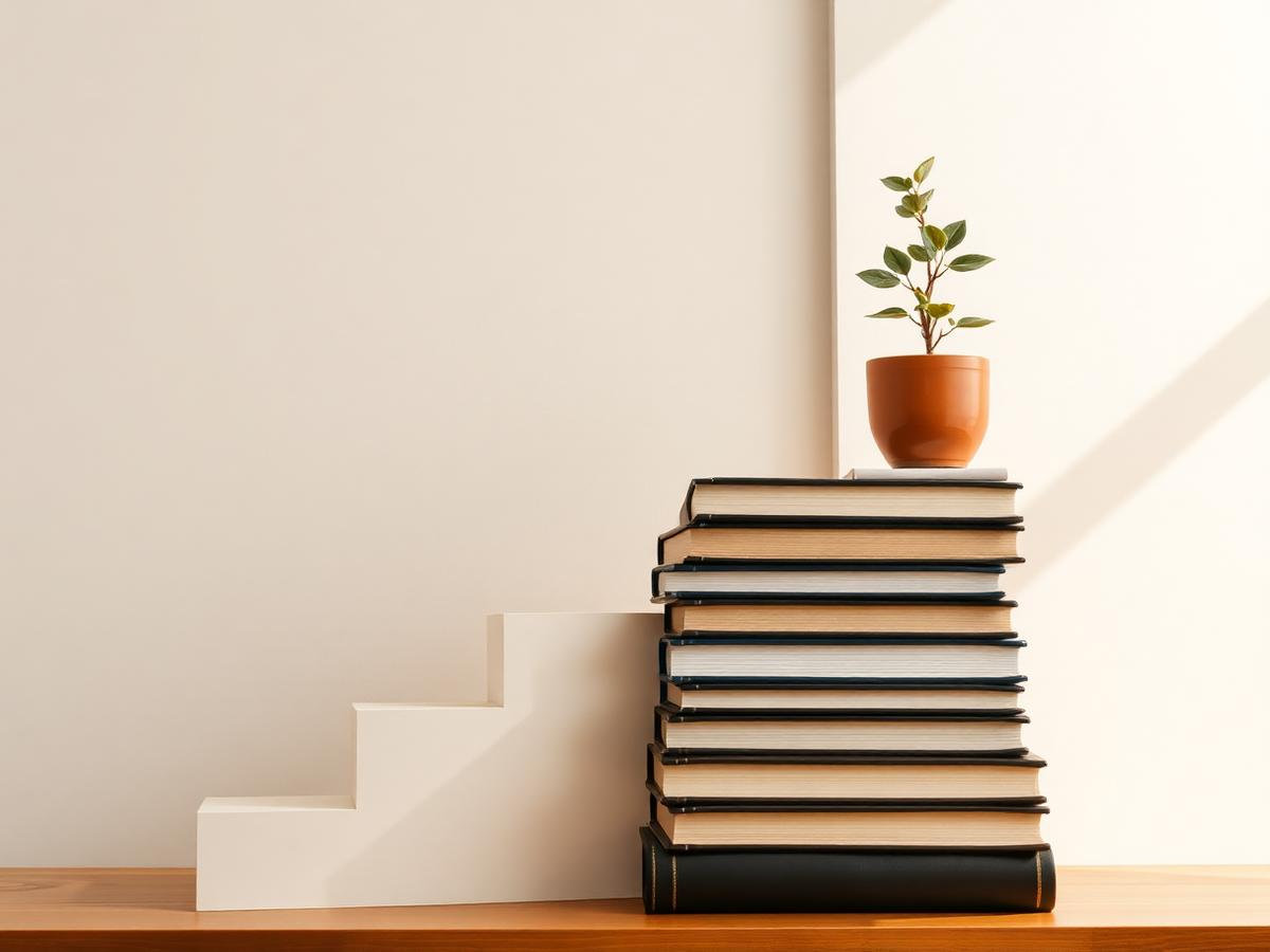 Stack of books forming steps with a growing plant on top